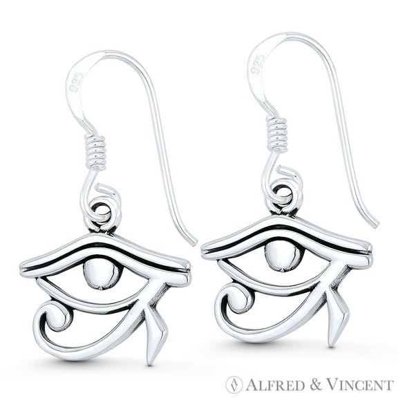 Eye of Horus Egyptian Luck Charm Dangling Hook Earrings in Oxidized .925 Sterling Silver