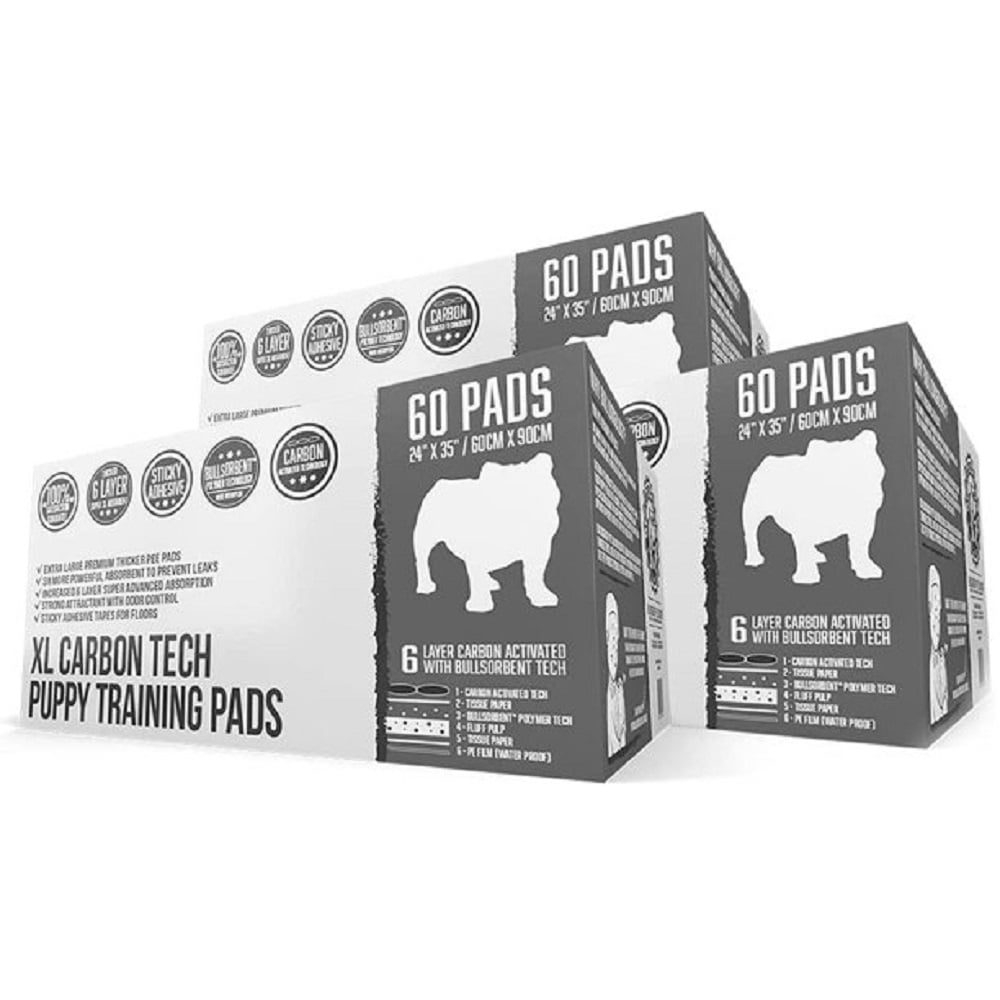 Bulldogology Carbon Black Puppy Pee Pads with Adhesive Sticky Tape - Extra Large Charcoal Housebreaking Dog Training Wee Pads (24x35, 180-Count)