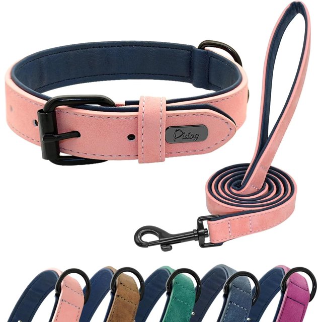 Soft Padded Leather Dog Collar and Leash Set, Heavy Duty Pink Dog Leash and Collar Set with Metal Buckle, Breathable Dog Collars with 4FT Leather Dog Leash for Small Medium Large Dogs, Pink, S