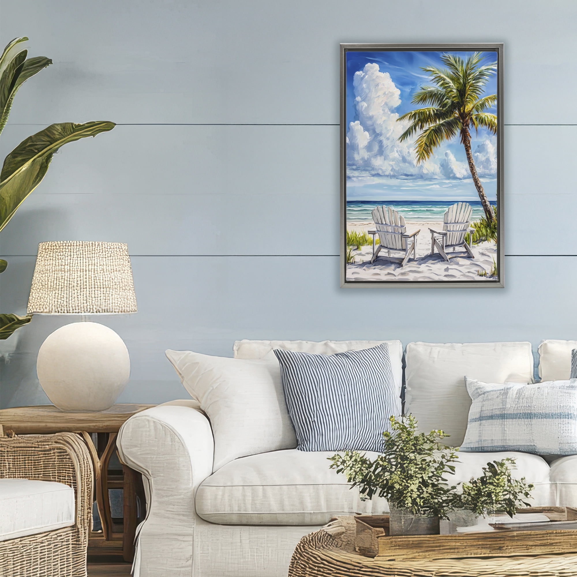 Stupell Industries Clouded Beach with Looming Palm Gray Framed Floater Canvas Wall Art, design by Petal Prints Design