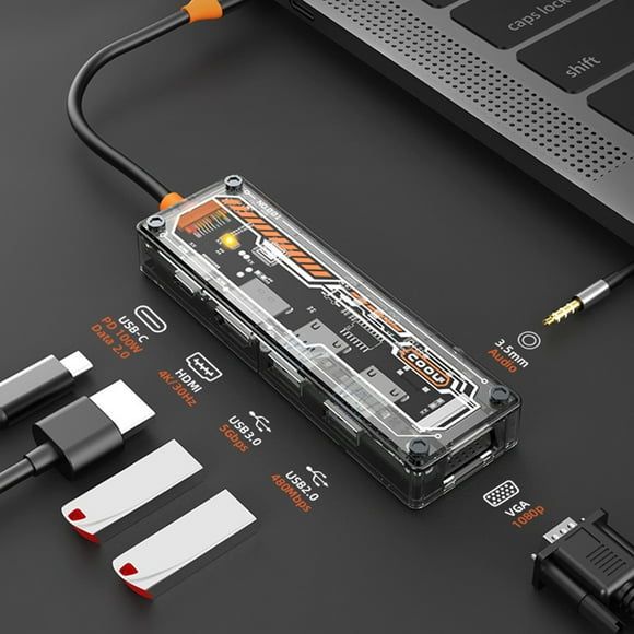 TopLLC Innovative Type C Hub Docking Station Multi-function USB3.0 Hub Support PD3.0 100W Fast Charge + HDMI 4K30HZ Large Screen + VGA + 3.5mm Audio Connection USB Hub