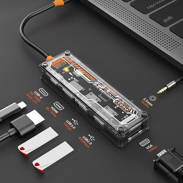 Heliisoer Station d'Accueil Innovante Type C Multi-Fonction USB3.0 Support PD3.0 100W Charge Rapide + HDMI 4K30HZ Grand Écran + VGA + Connexion Audio 3.5mm