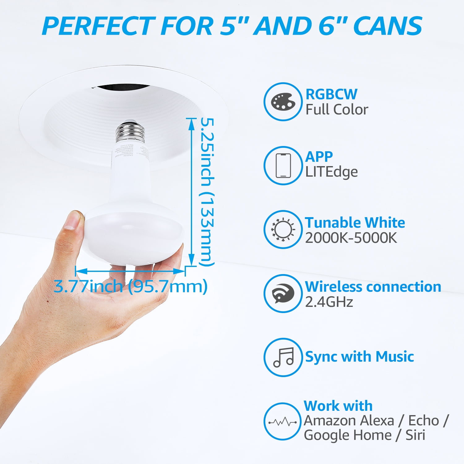 6 Pack BR30 Smart LED Light Bulbs, WiFi & Bluetooth, 60W Equiv, E26 Base