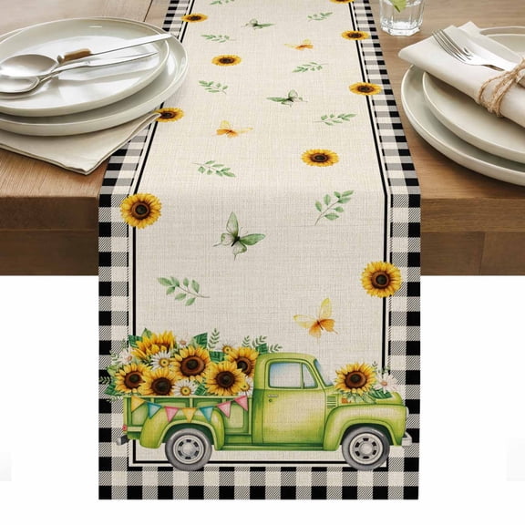 Sunflowers Table Runner - 120 Inch Long, Kitchen Dining Table Runner Dresser Scarves, Spring Farmhouse Vintage Truck Leaf Black Plaid Farmhouse Decor for Coffee Tables Wedding Party Banquet