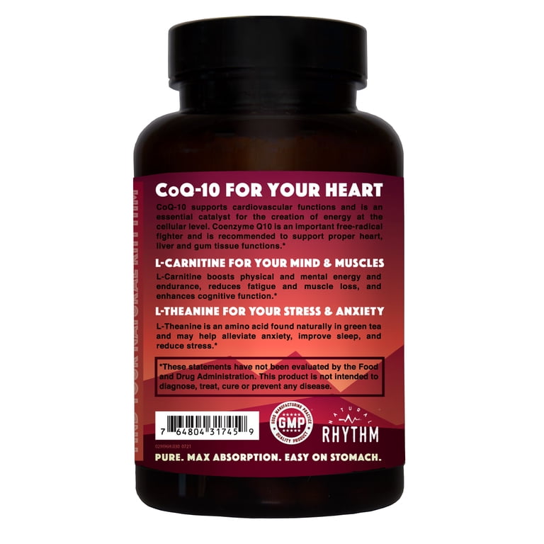 l-carnitine l-theanine Natural Rhythm CoQ10-ZEN (Coenzyme Q10 + L-Carnitine + L-Theanine) - for  Cardiovascular Support, Mental Clarity and Focus, and to Help Reduce  Anxiety and Stress (30 Capsules)