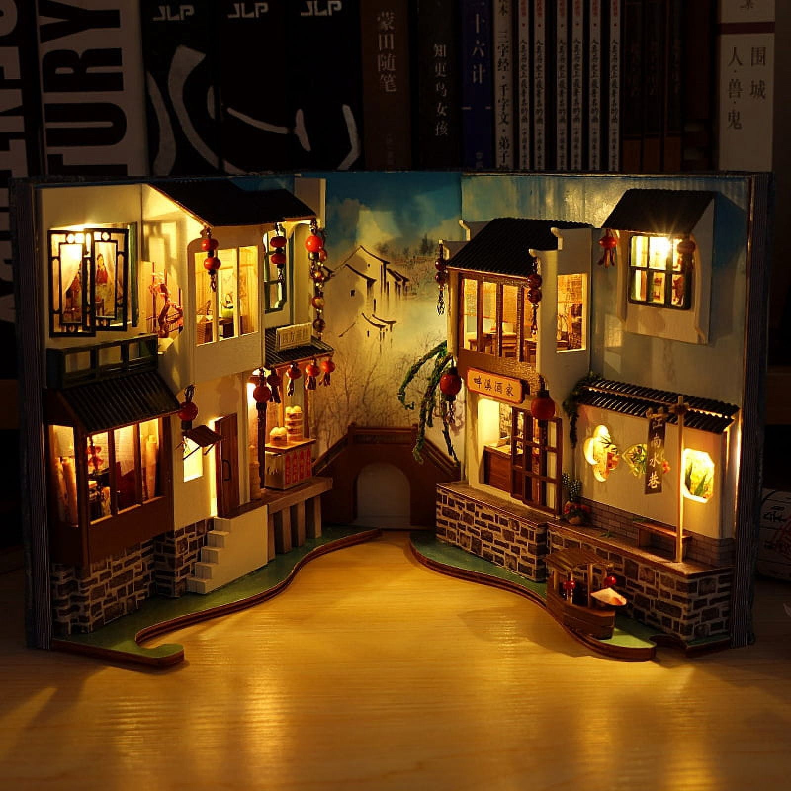 Wooden DIY Book Nook Shelf Insert Kits Model Roombox Handmade Building Miniature Furniture Home Decoration Toys Gifts