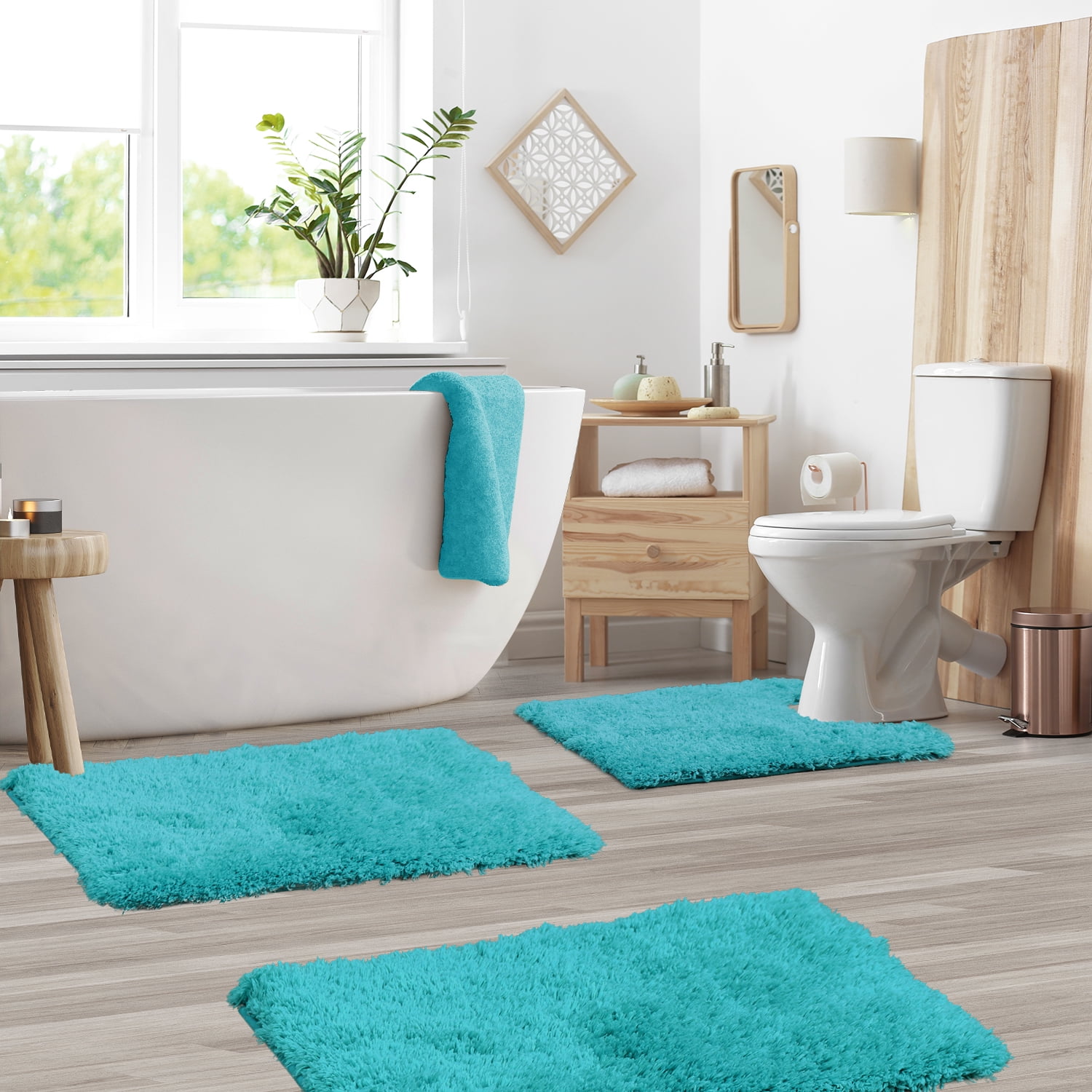 Clara Clark Set of 3 Absorbent Bath Mat Non-Slip Backing Rubber Bathroom Rugs, 17x24, 20x32, 32x48 Teal
