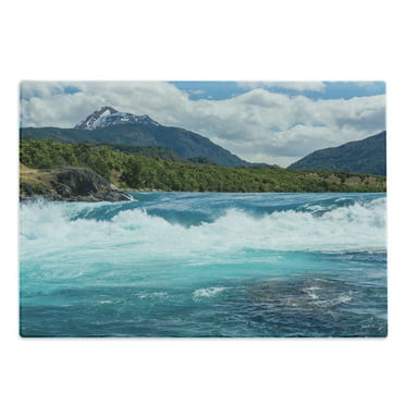 Nature Cutting Board, Flowing River Rapids Cloudy Snowy Mountain Forest Trees Wildlife Theme, Decorative Tempered Glass Cutting and Serving Board, Large Size, White Green Grey, by Ambesonne
