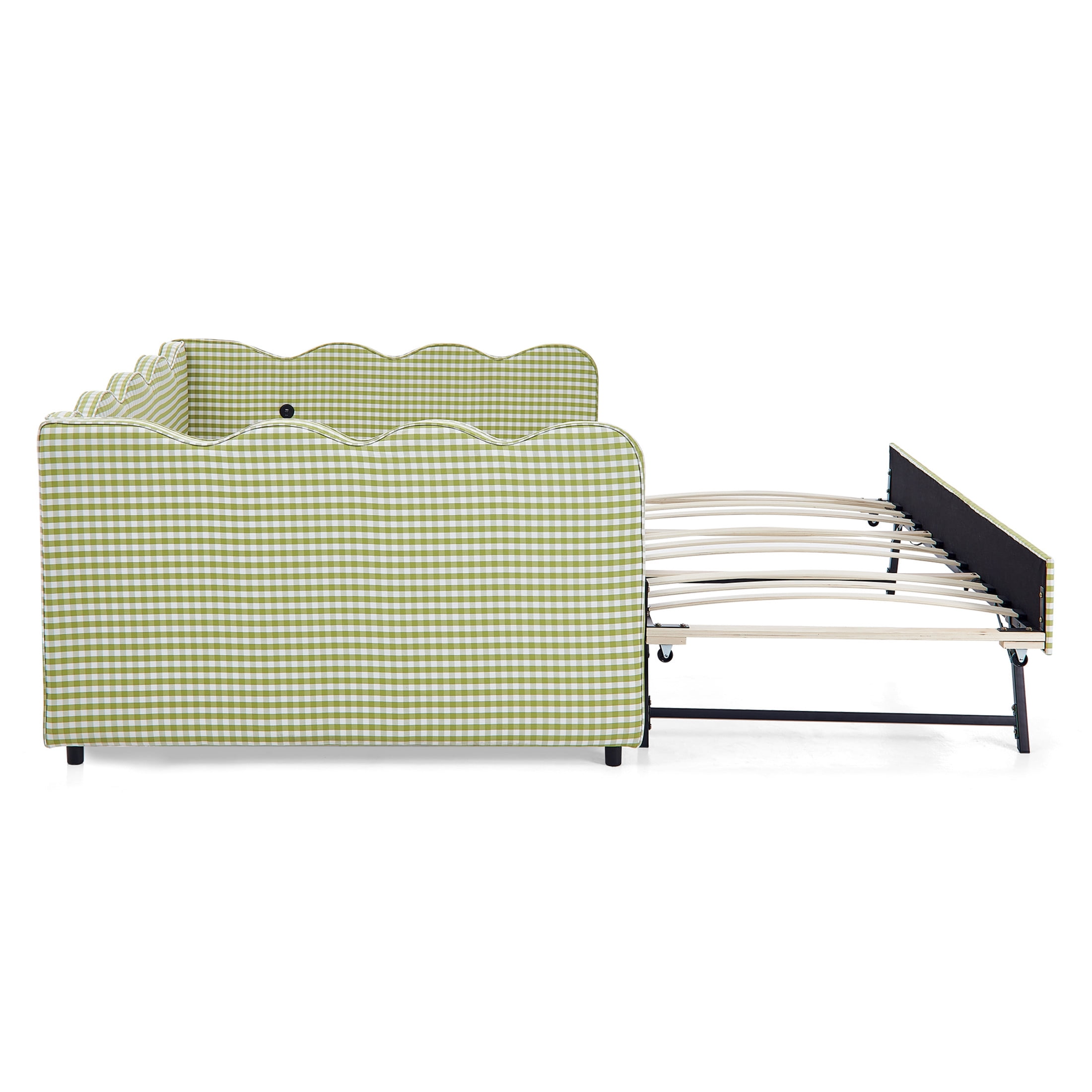Noble House Wesley Full Size Waved Daybed, Cozy Gingham Linen Sofa Bed with Twin Trundle and Charging Port, Green