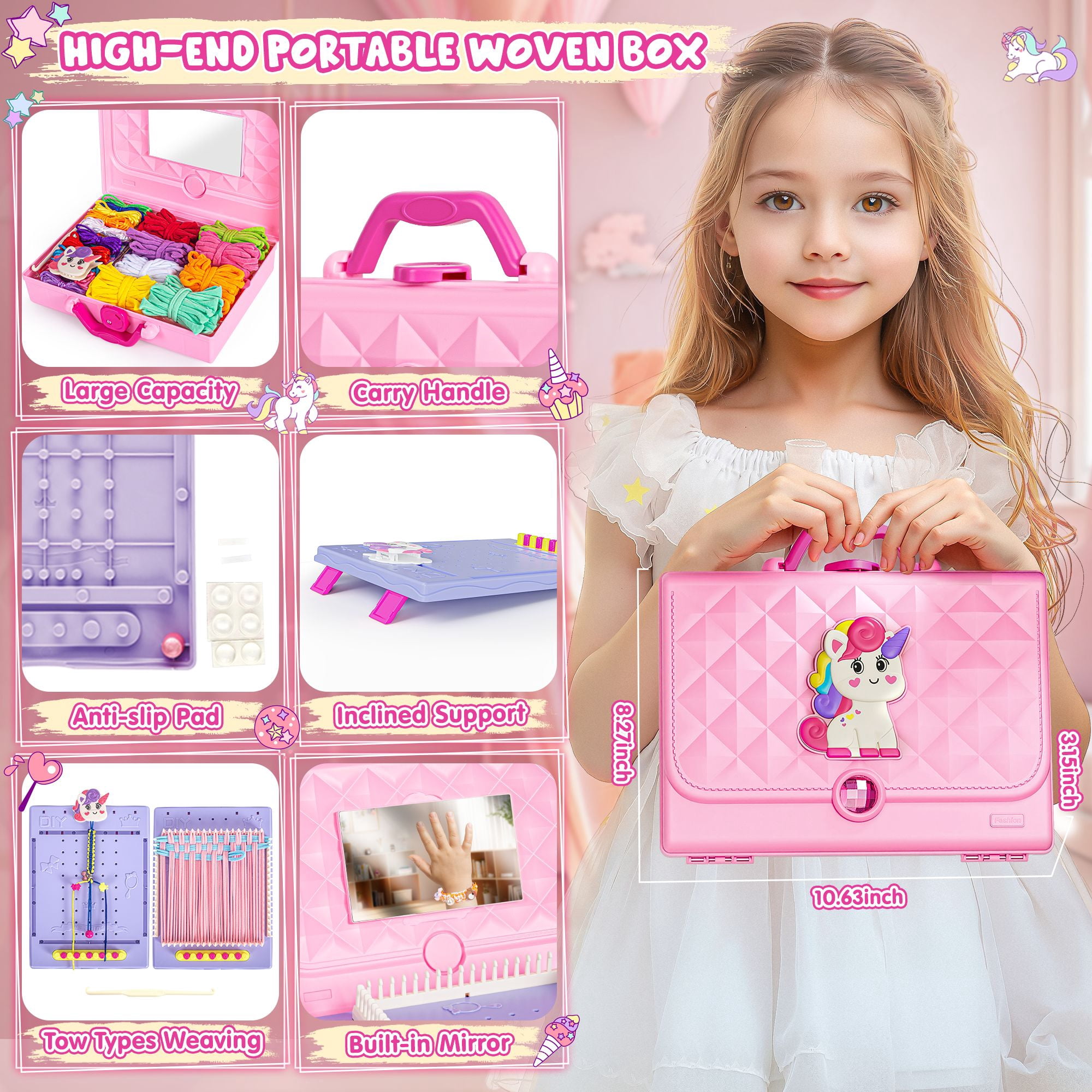 Unicorn 2-in-1 Friendship Bracelet Kit, Weaving Loom Toy for Kids, Crafts Kit for Girls age 6-12, Knitting Activity DIY Toys Birthday Gift for Girls Ages 6 to 12