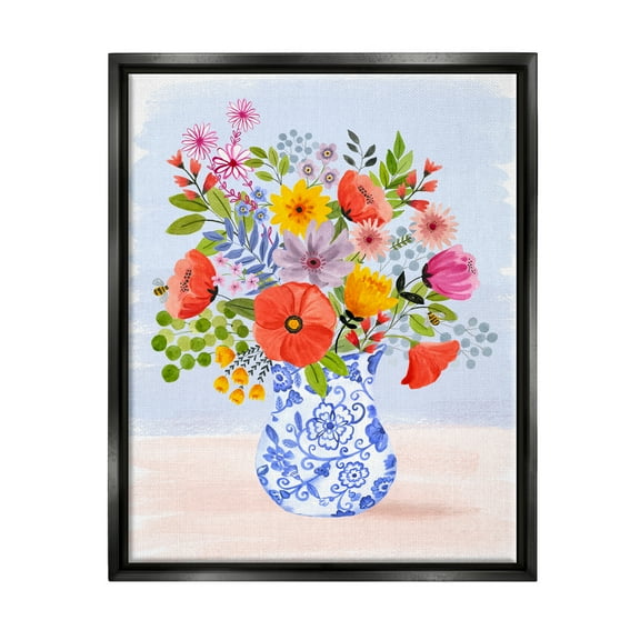 Stupell Industries Bright Flowers in Pottery Botanical & Floral Painting Black Floater Framed Canvas Art Print Wall Art, 17 x 21