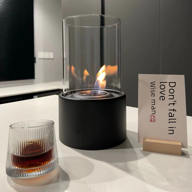 Lámpara de estufa portátil pequeña de pared de metal con alcohol redondo de acero inoxidable con fuego real de escritorio de vidrio