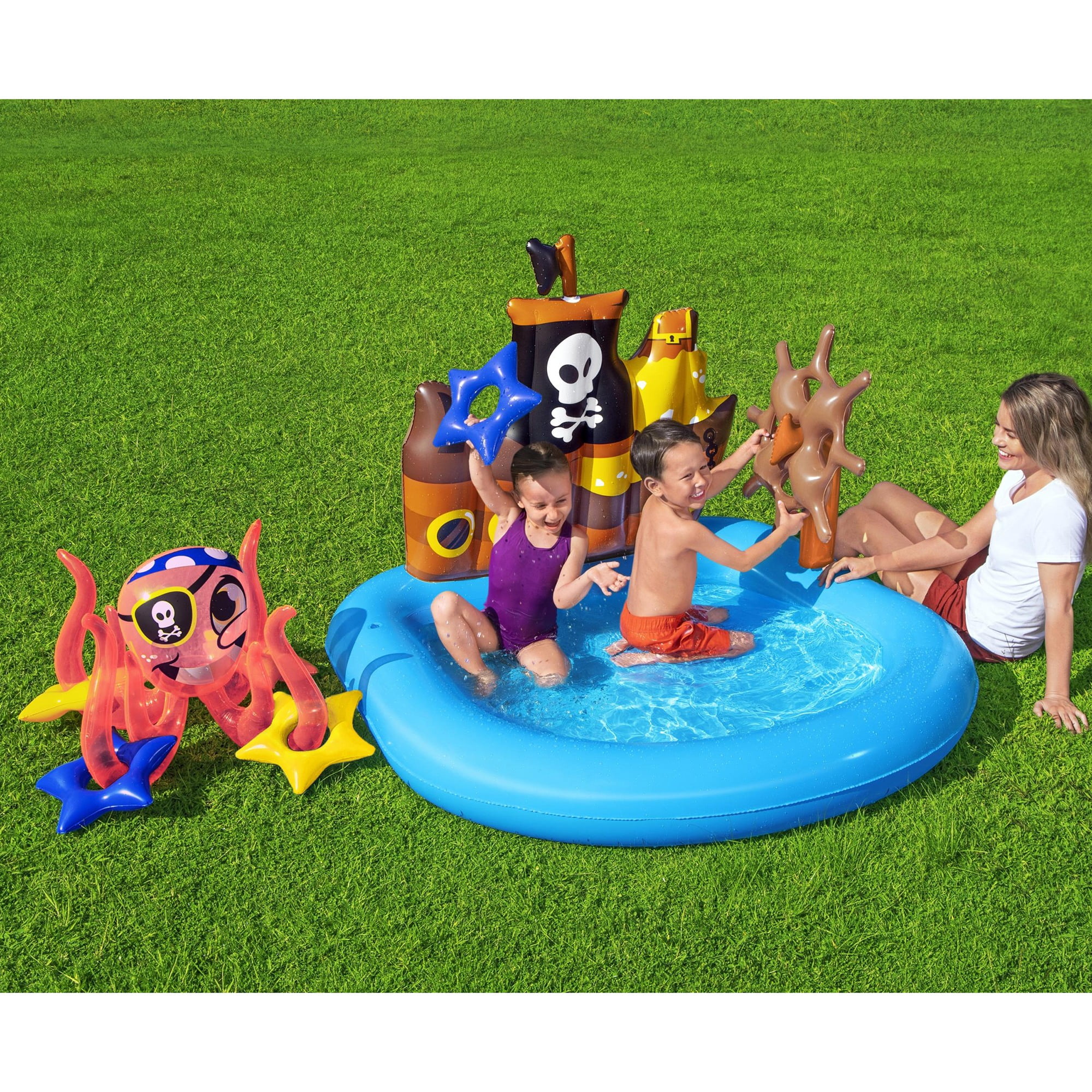 H2OGO! Ships Ahoy Pool Play Center - 55" x 51" x 41" - Bestway, Kids Inflatable Water Play Set, Includes Inflatable Octopus, Compass & 4 Rings, Kids Pirate Themed Pool, 22 Gallon Capacity, Ages 2+