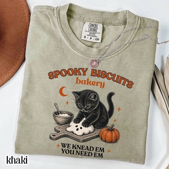 Spooky Biscuits Bakery Kitty T-Shirt | Black Cat Halloween Fall Tee | Vintage "We Knead Em You Need Em" Pumpkin Cat Lover Shirt