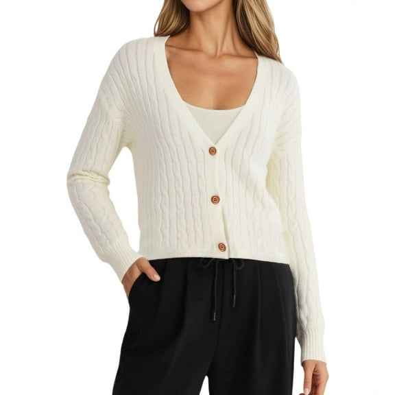 Wang6 Women Lightweight Cropped Cardigans Sweaters Trendy Long Sleeve Button Cable Knit Sweater Fall V Neck Knitted Outwear Tops White One Size