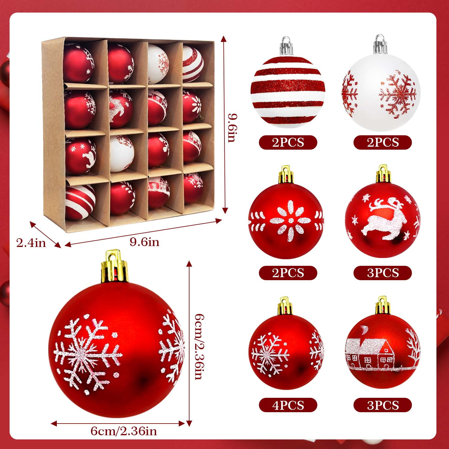 HadinEEon Christmas Ornaments Set, 16pcs Christmas Balls for Xmas Tree Decoration, 2.36 Inch Xmas Hanging Decor, Red and White