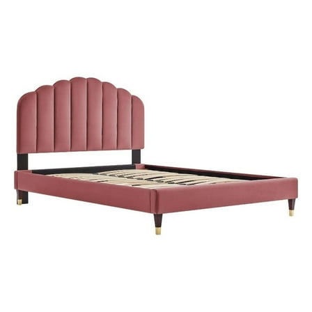 Maklaine Modern Performance Velvet Queen Platform Bed in Dusty Rose