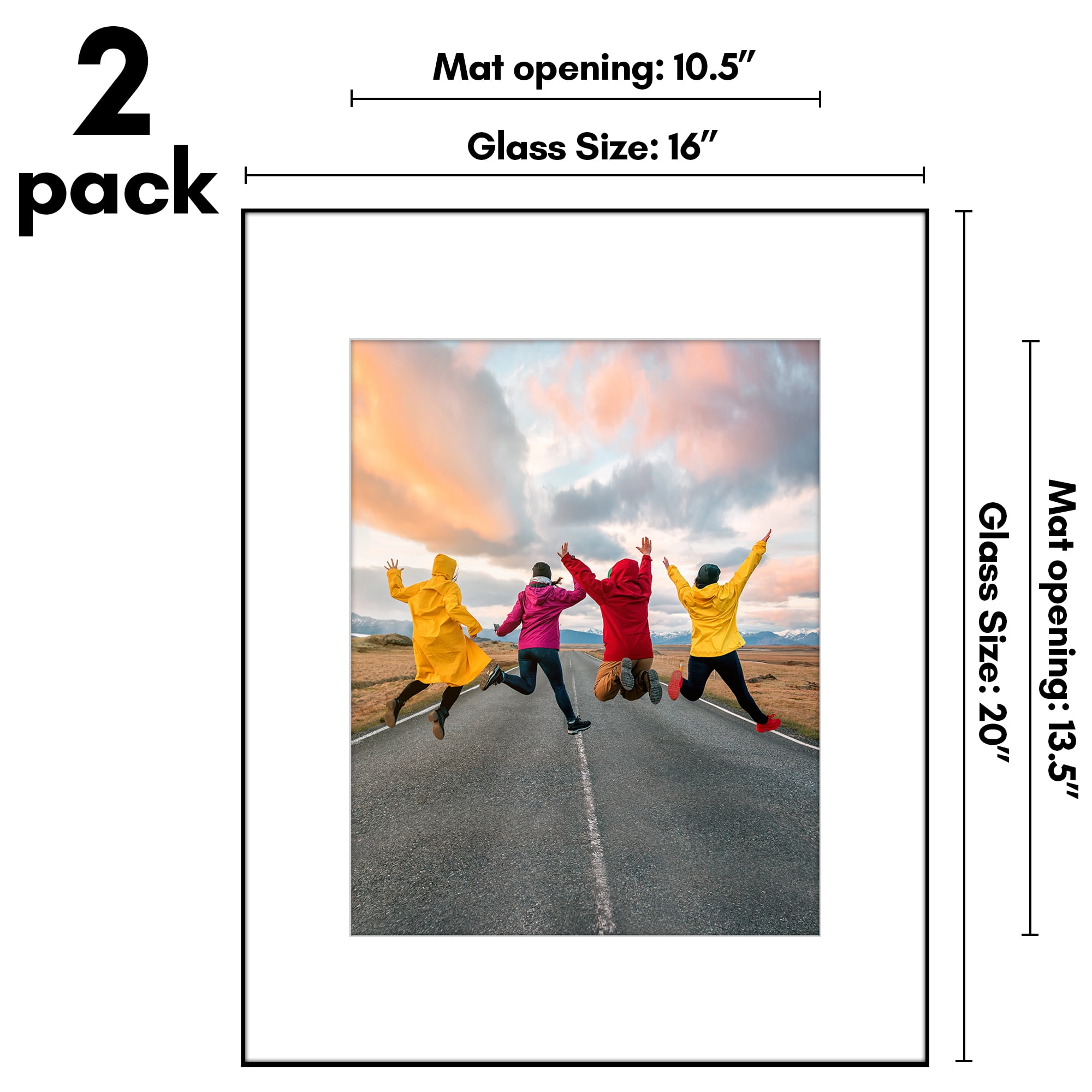 Americanflat 16x20 Front Loading Picture Frame with Shatter-Resistant Glass with 11x14 Mat 2 Pack Wall - Black