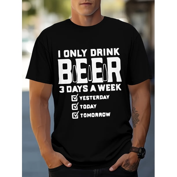 Camiseta de cuello redondo con letras creativas "Día de la Cerveza Festiva", estampada para hombre, moderna, informal, ligera y cómoda, de manga corta, para verano y exteriores, con diseño estampado a