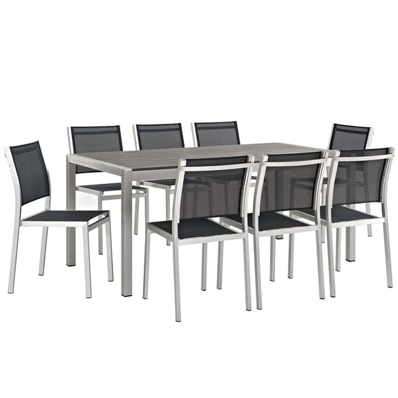 Modern Contemporary Urban Design Outdoor Patio Balcony Nine PCS Dining Set, Black, Metal Aluminum