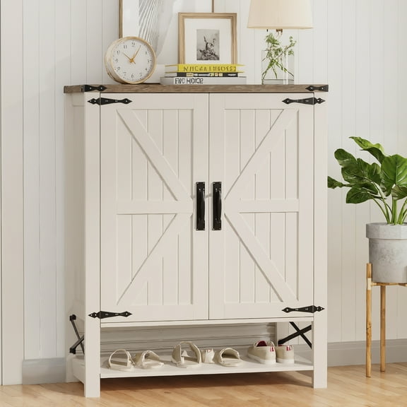 VEANERWOOD 6 Tier Shoe Cabinet  for Hallway,  Double Door Farmhouse Shoe Rack Organizer with Adjustable Shelves and Shoe Shelf  for Foyer, Hallway, Living Room