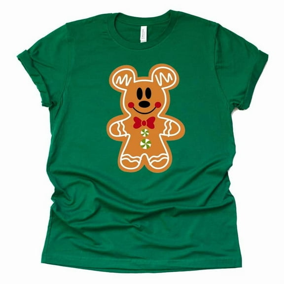 Disney Mickey Gingerbread Christmas Graphic Design Casual Short Sleeve Shirt (Green-2X Large)