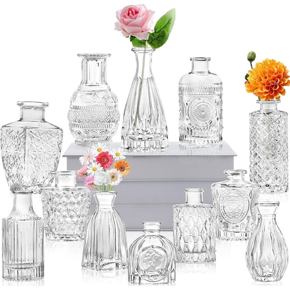 YooYuuk Vintage Etched Glass Bud Vases, Set of 12