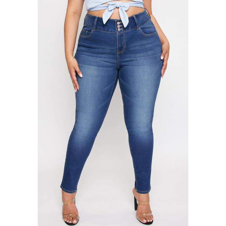 YMI Women's Plus Size High-Waisted 3-Button Closure Skinny Jeans