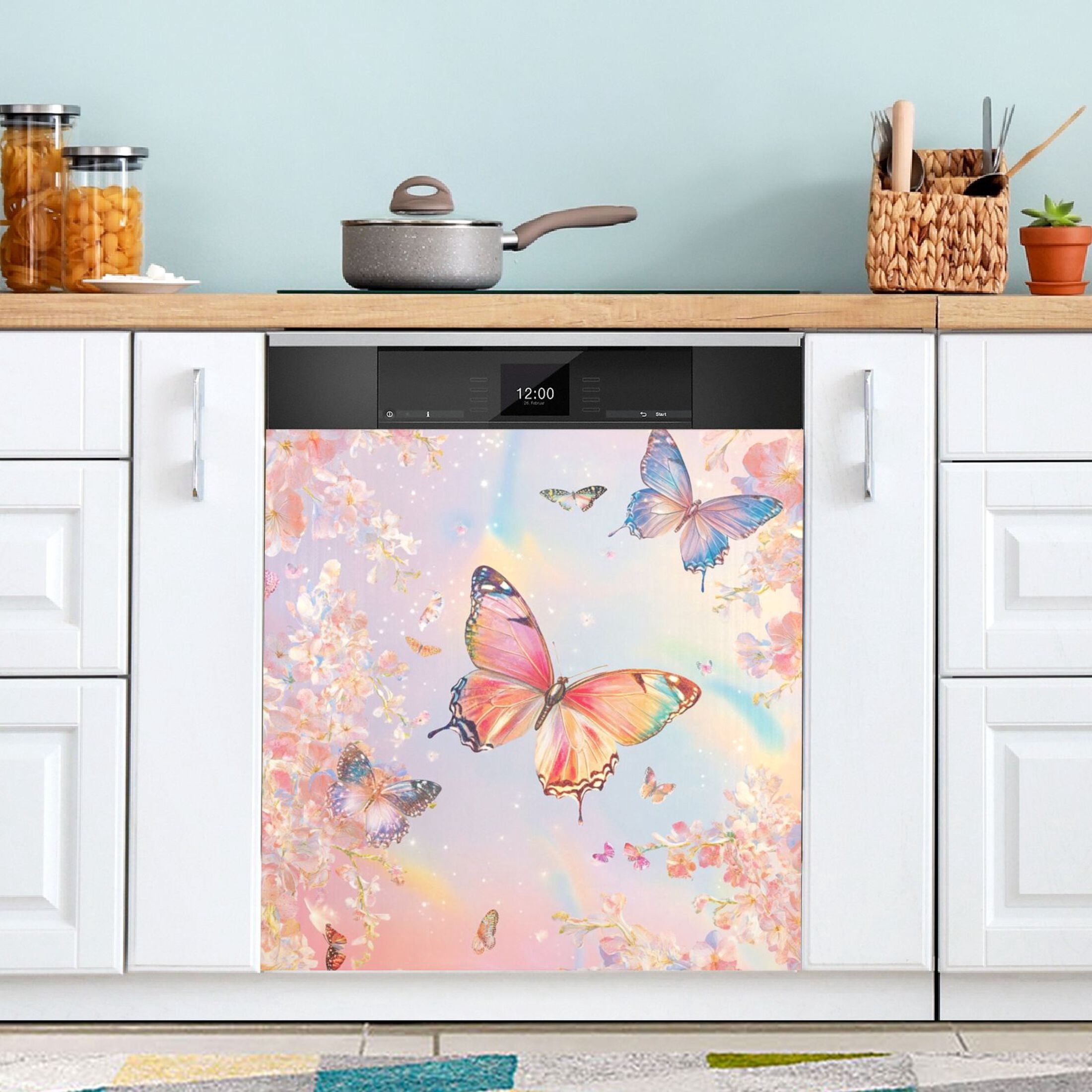 Dishwasher Magnetic Sticker 23x26 Inch Refrigerator Magnetic Sticker Washing Machine Magnetic Sticker Kitchen Panel Magnetic Sticker Home Decor Light Pink Flower Butterfly