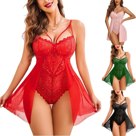 Babydoll Lingerie for Women Floral Snap Crotch Teddy Chemise Nightie Lace Nightgown