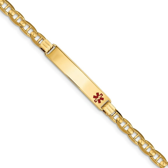14K Medical Red Enamel Anchor Link ID Bracelet in 14k Yellow Gold