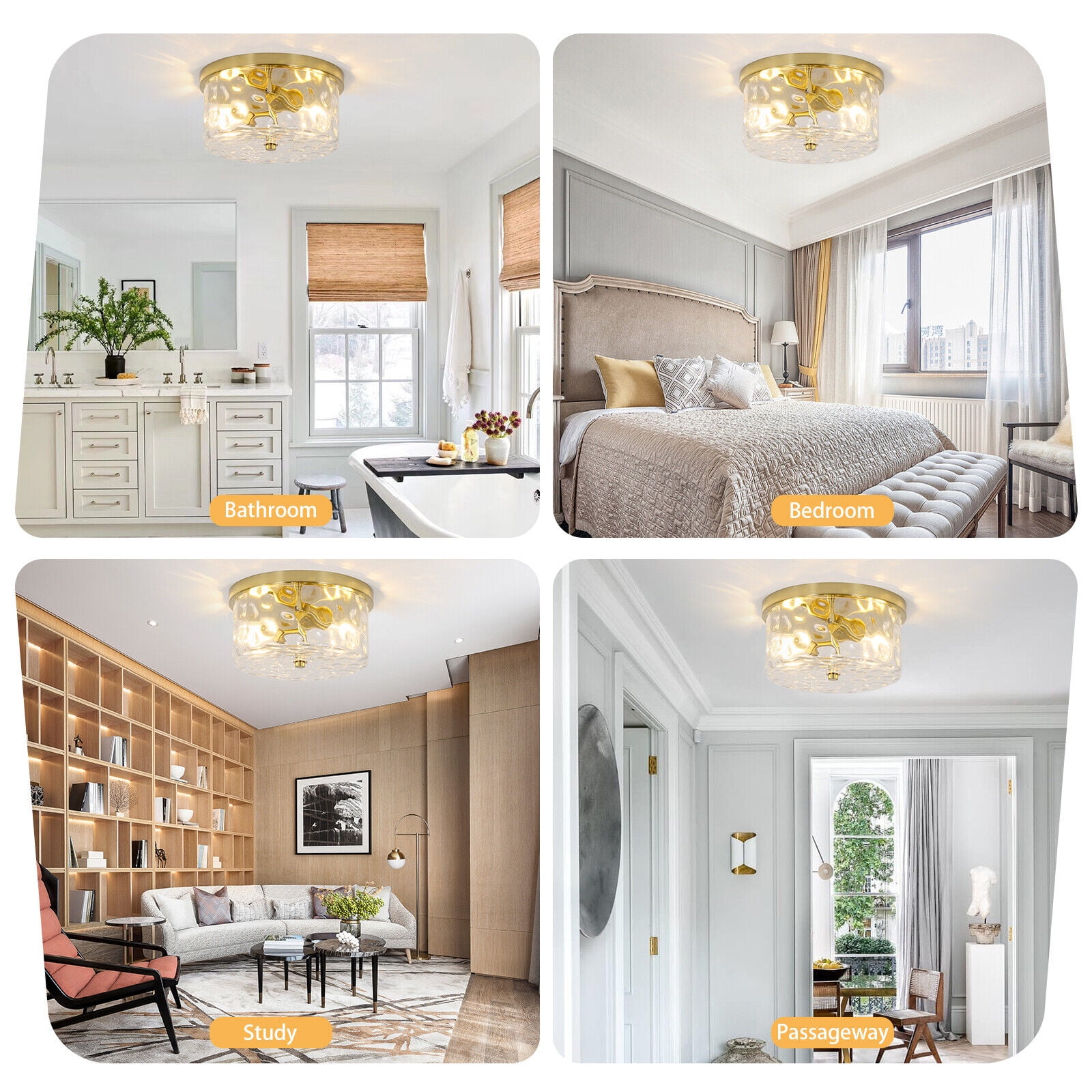 Gold Semi Flush Mount Ceiling Light Fixture 2-Light Ceiling Light Vintage Ceiling Lamp Farmhouse Light with Bubble Glass Shade for Living Room Bedroom Foyer Hallway