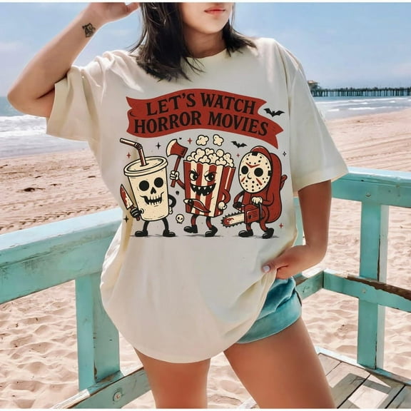 Let's Watch Horror Movies T-Shirt, Halloween Horror Characters Graphic Tee, Scary Movie Halloween Shirt, Funny Halloween Horror Tee