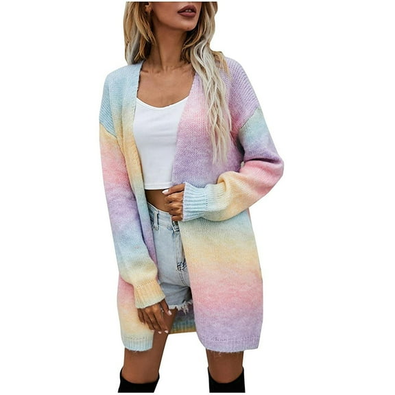 IROINNID Women's Mid-Length Cardigan Coat Gradient Long Sleeve Casual Long Cardigan Coat Sweater Outerwear, Pink