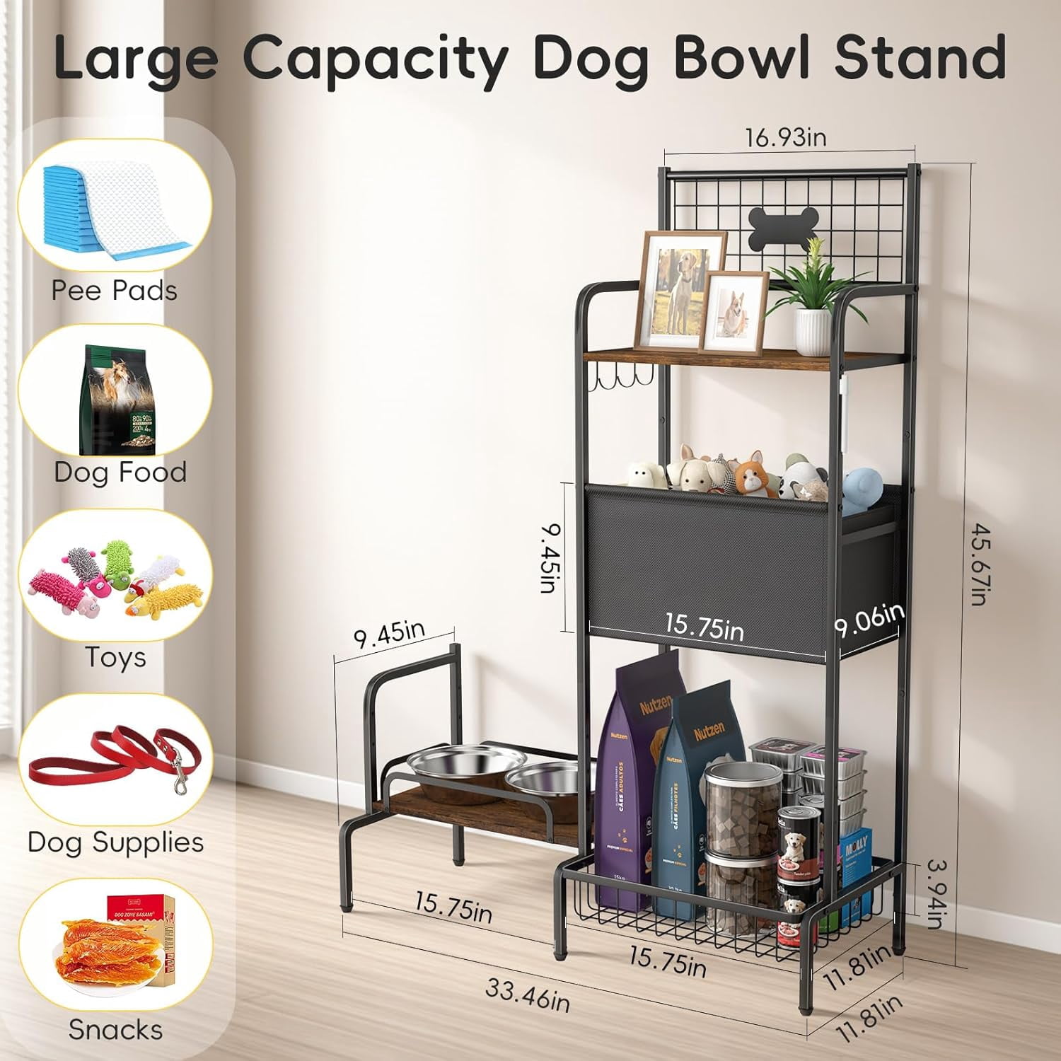 Elevated Dog Bowl Stand with Storage Organizer, Adjustable Raised Pet Feeding Station for Large Medium Small Breed
