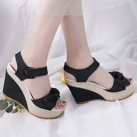 

Ecqkame Women s Wedges Sandals Clearance Women s Hemp Rope Denim Sandals Bow Wedge Thick Bottom Peep Toe Sandals Black 38