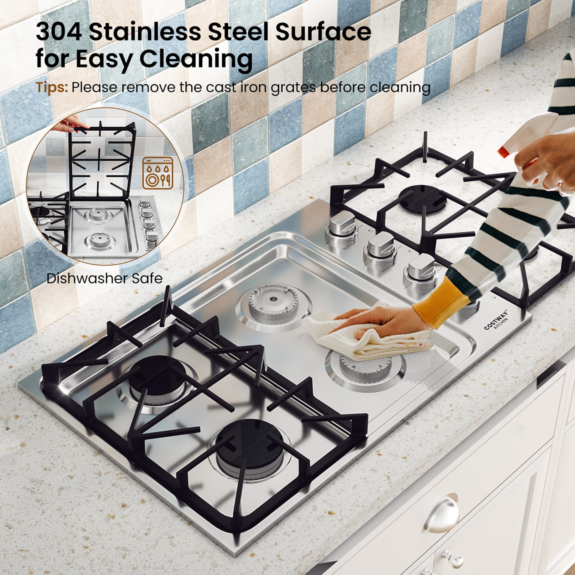 Costway 30" Gas Cooktop with 4 Sealed Burners ABS Knobs Cast Iron Grates Easy Cleaning