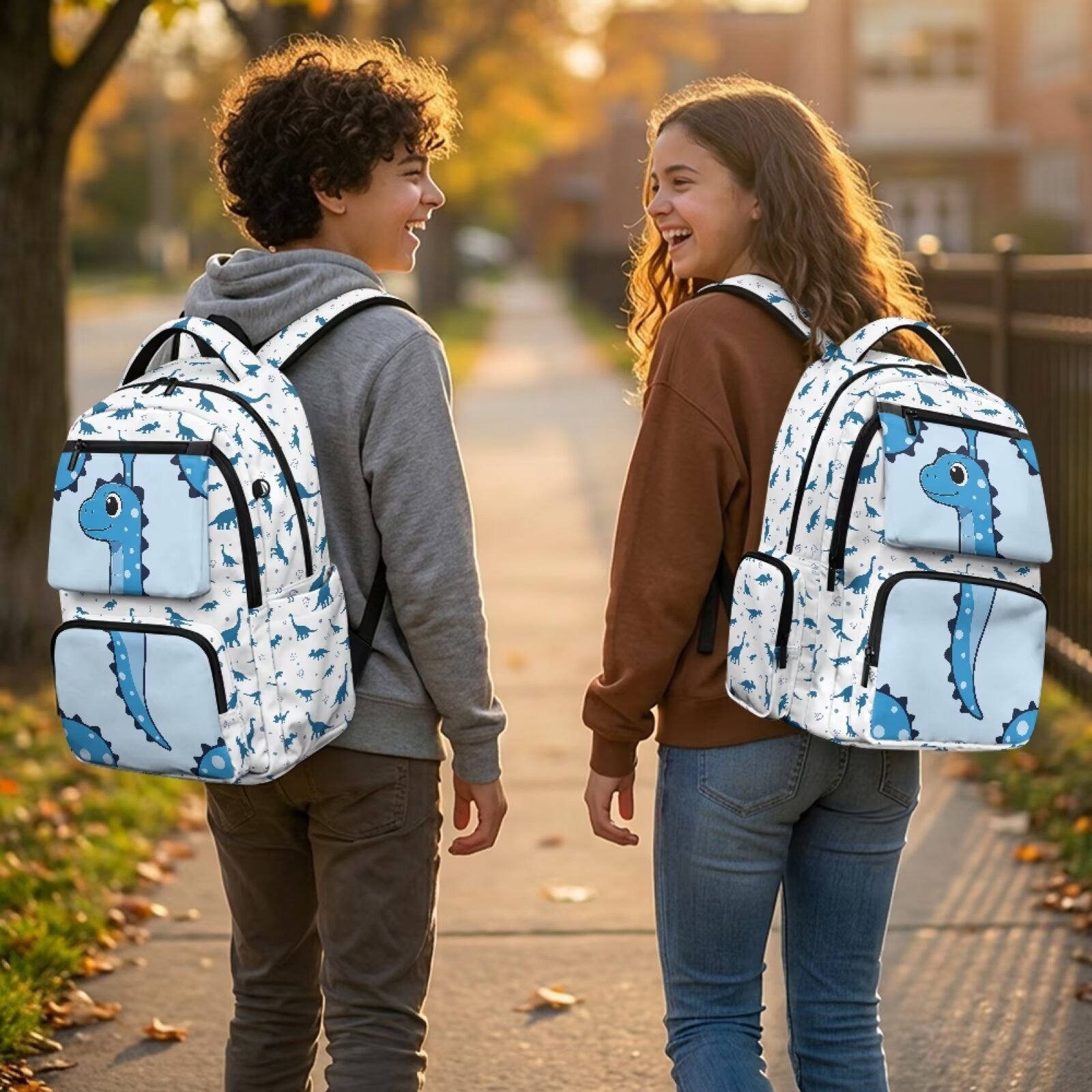 Mochila escolar de dinosaurio azul para niños, de 17 pulgadas, con cremallera frontal, para primaria 3