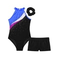 thumbnail image 3 of iixpin Kids Girls Sparkle Gymnastics Leotards with Shorts Hair Band Ballet Dance Bodysuit Tumbling Outfits Sports Unitards Black&Royal Blue 12, 3 of 6