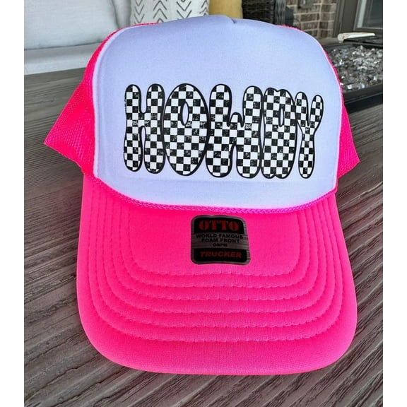 Southern Attitude Designs Howdy Checkered Neon Pink & White Unisex Foam Trucker Hat