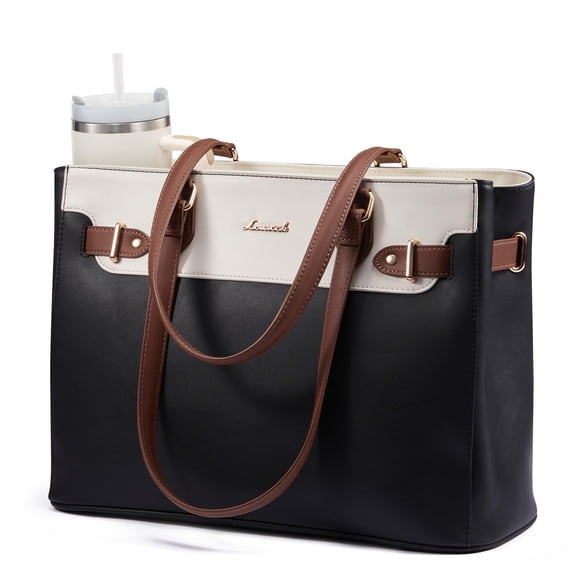 LOVEVOOK Laptop Tote Bag for Women Work, Teacher Tote Bag Nurse Bag with Large Cup Holder, 17.3 Inch Waterproof Leather Computer Bag Professional Bus