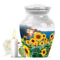 JAGASY Sunflower Mini Urn for Mother, White Small Keepsake Urns for Human Ashes, Sunset Sunflower Field Decorative Urns for Father, Memorial Cremation Urn for Parents, (3 Inch)