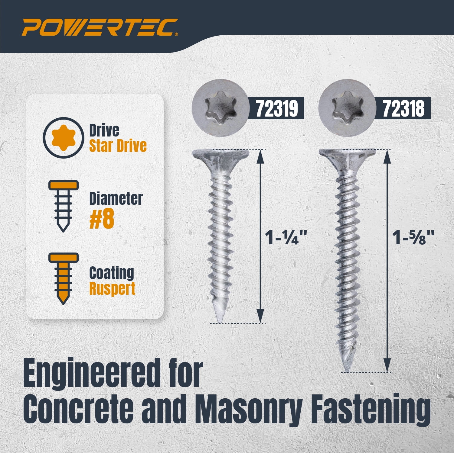 POWERTEC 200PK Cement Screws #8 x 1-1/4″, Ruspert Coated Concrete Screws with T25 Torx Star Drive Bit – High-Low Thread Masonry Screws for Cement Board, Concrete & Brick (72319)