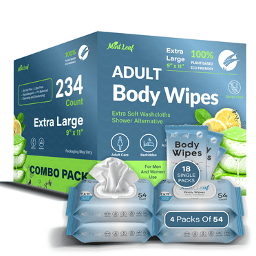 MintLeaf XL Body Wipes Adults Bathing No Rinse | Hypoallergenic Wipes For Incontinence And Cleansing Elderly | With Vitamin E Aloe Scent | 216 Count   18 Indv Wipes