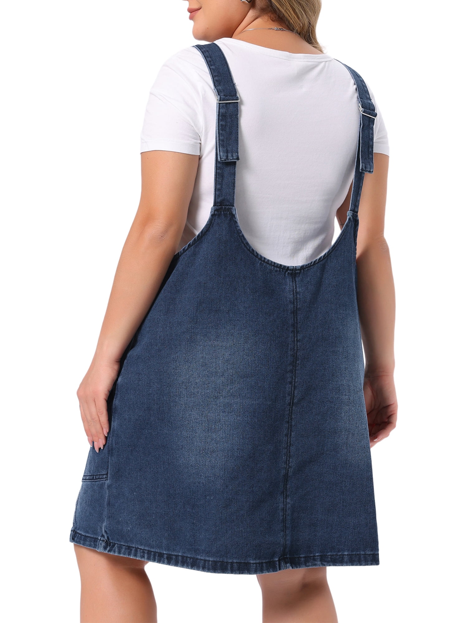 DARING DIVA Women's Plus Denim Overall Sleeveless V Neck Denim Jumper Dress 4X Black Blue