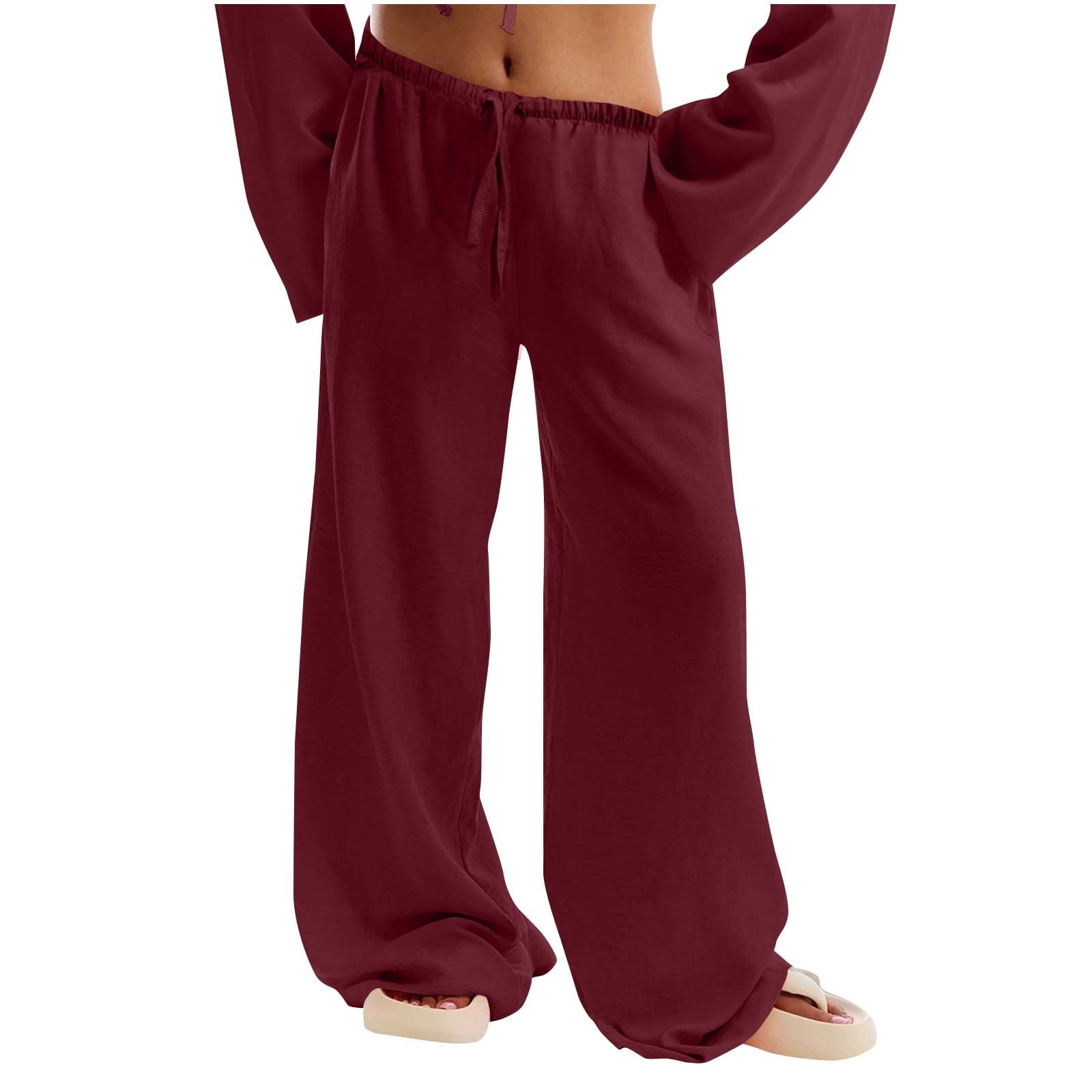 Pantalon Femme Jambe Large En Lin Avec Cordon - Rouge, Léger Et Confortable - Pour Yoga, Plage, été, Style Décontracté