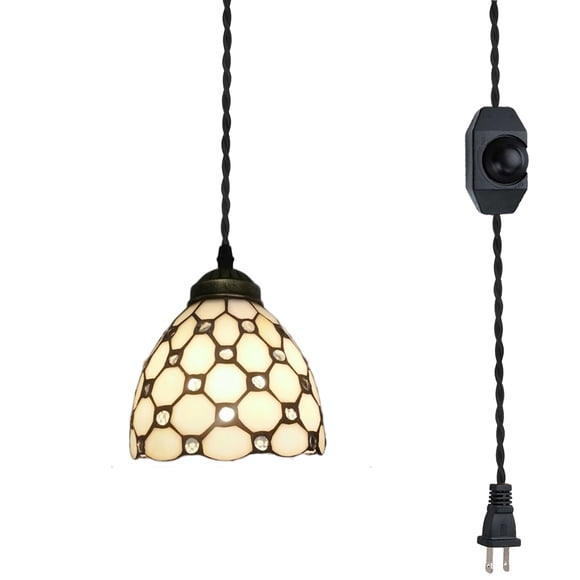 FSLiving Hanging Swag Pendant Light with 15ft Plug-in UL Dimmable Cord E26 Socket Tiffany Glass Lamp Nordic Industrial Hanging Lamp for Corner Lighting - 1 Light