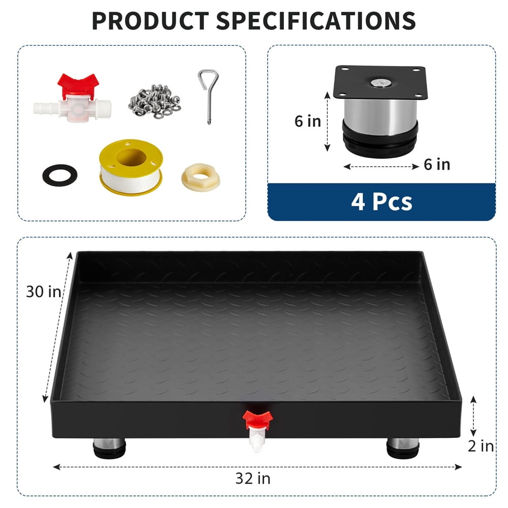 Carbon Steel Washing Machine Pan with 4 Anti-Vibration Feet, Rust-Free Water Damage Protection, Easy Install, Protects Floor From Water Damage Protection