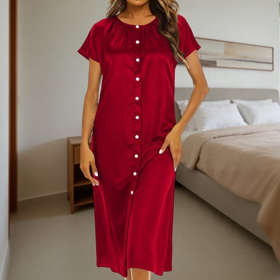 Gamivast House Dress for Women Short Sleeve Round Neck Button Down Sleep Dress Satin Silk Feel Loose Lounge Dress Soft Nightgown Pajamas Homewear Daily