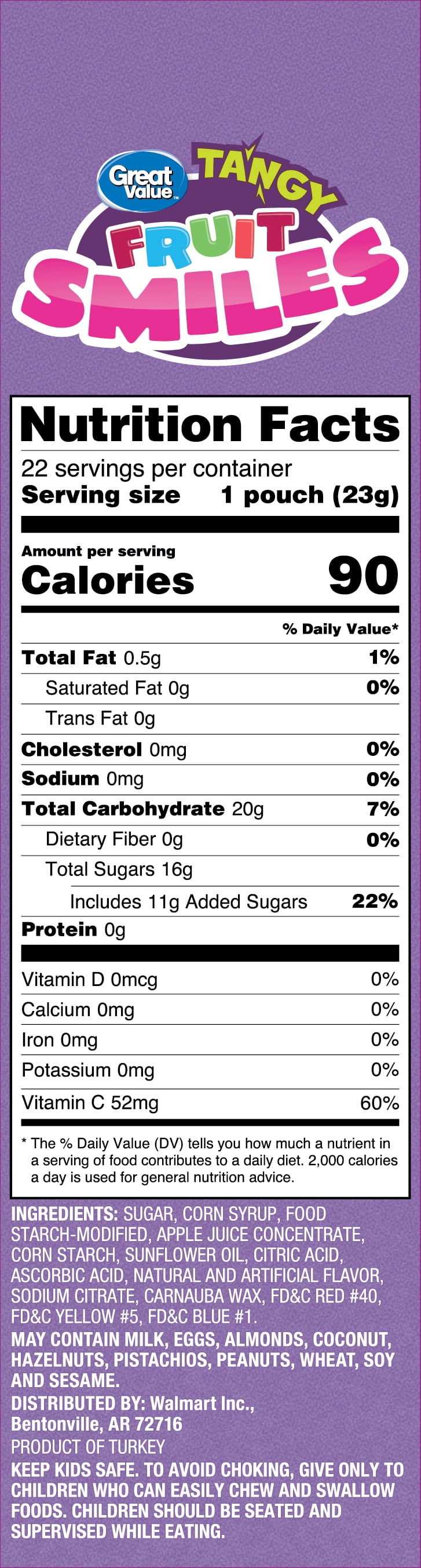 Great Value Fruit Smiles Snacks, Tangy Flavor, 22 Count